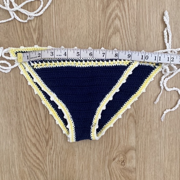 Boho Crochet Bikini Set Navy Blue Yellow Trim Festival Ready Beach Outfit - Picture 7 of 10